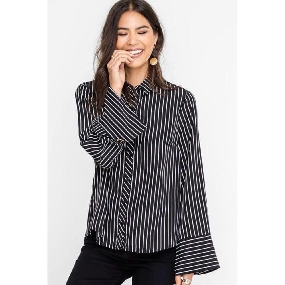 Lush Striped Blouse Womens Black White Gold Button Wide Cuff NWT Medium